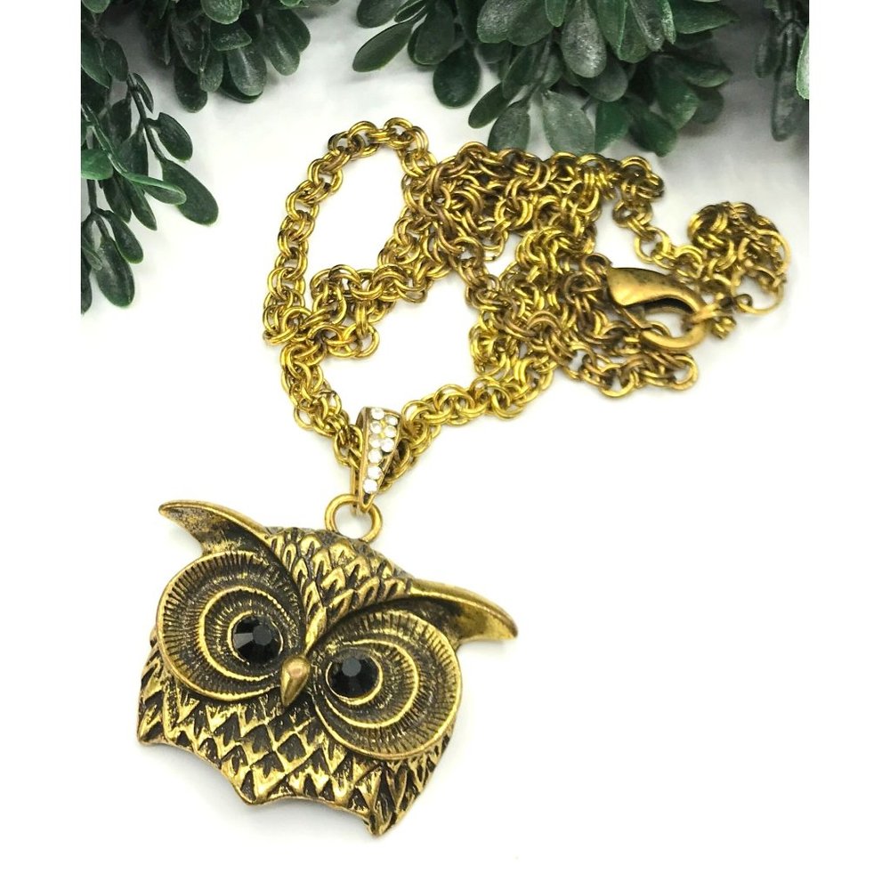 Vintage necklace gold tone antique finish owl head by Amrita Singh 30" length